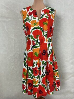 Tyler Boe Sleeveless Ivory Orange Red Green Floral Linen Cotton Midi Dress 10